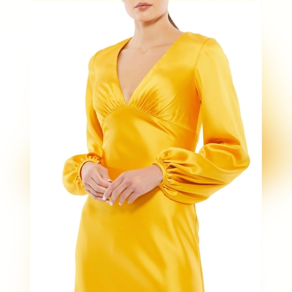 NWT Ieena for Mac Duggal 55693 Marigold Empire Waist Bishop Sleeve Dress, Size 2 - Picture 2 of 11